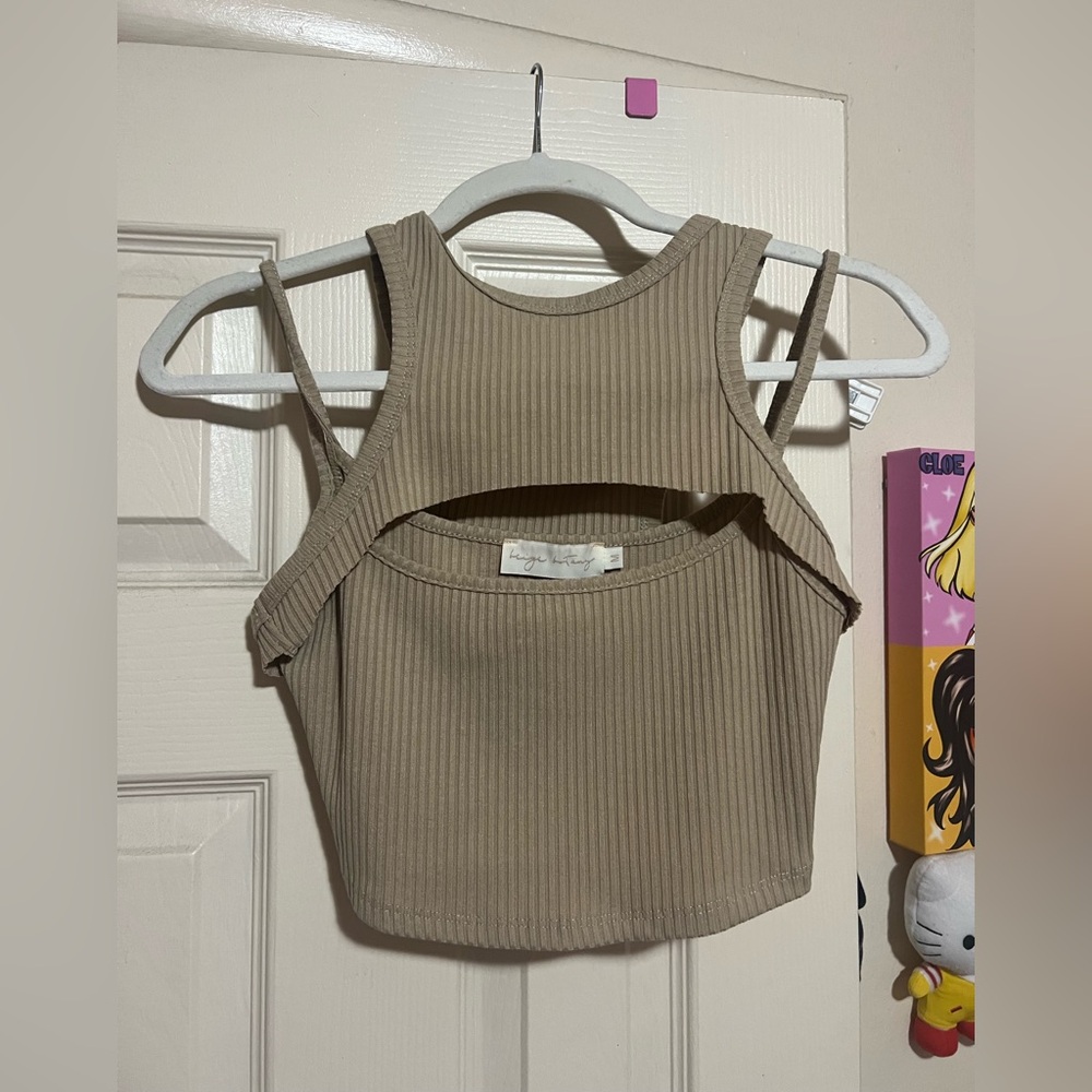 Beige Botany Ribbed Cutout Tank Top – Neutral Aesthetic